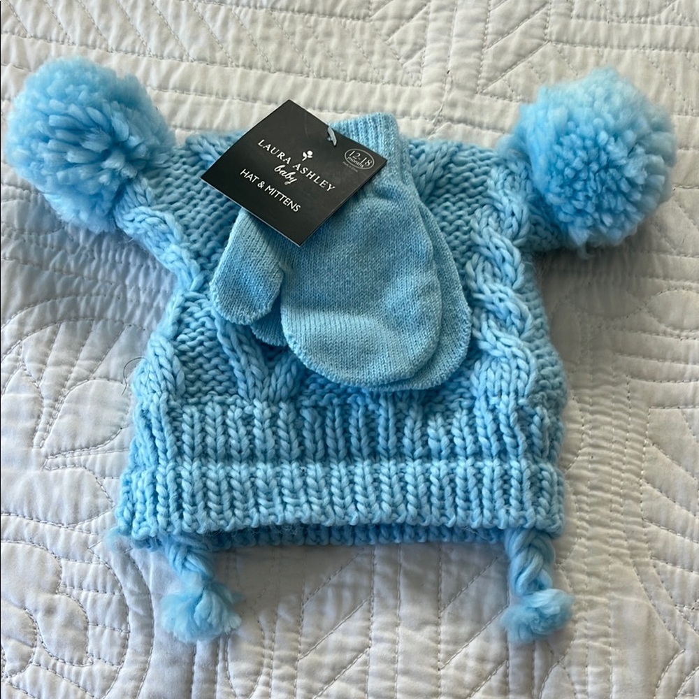 Laura Ashley Blue Knit Hat with Pom-Poms